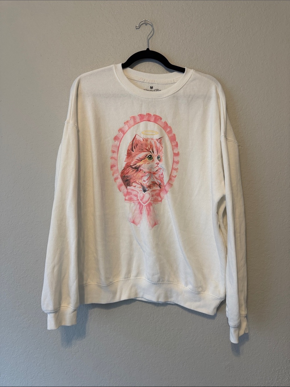 Goodie Two Sleeves White Crewneck Sweater with Pink Kitten Graphic - Picture 2 of 5